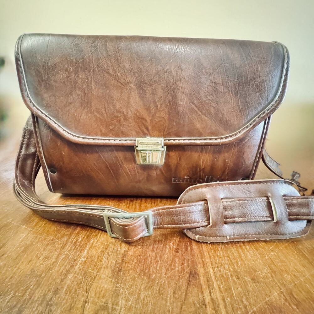 Vintage Minolta Brown Leather Camera Case Bag Shoulder Strap 12” DSLR Film